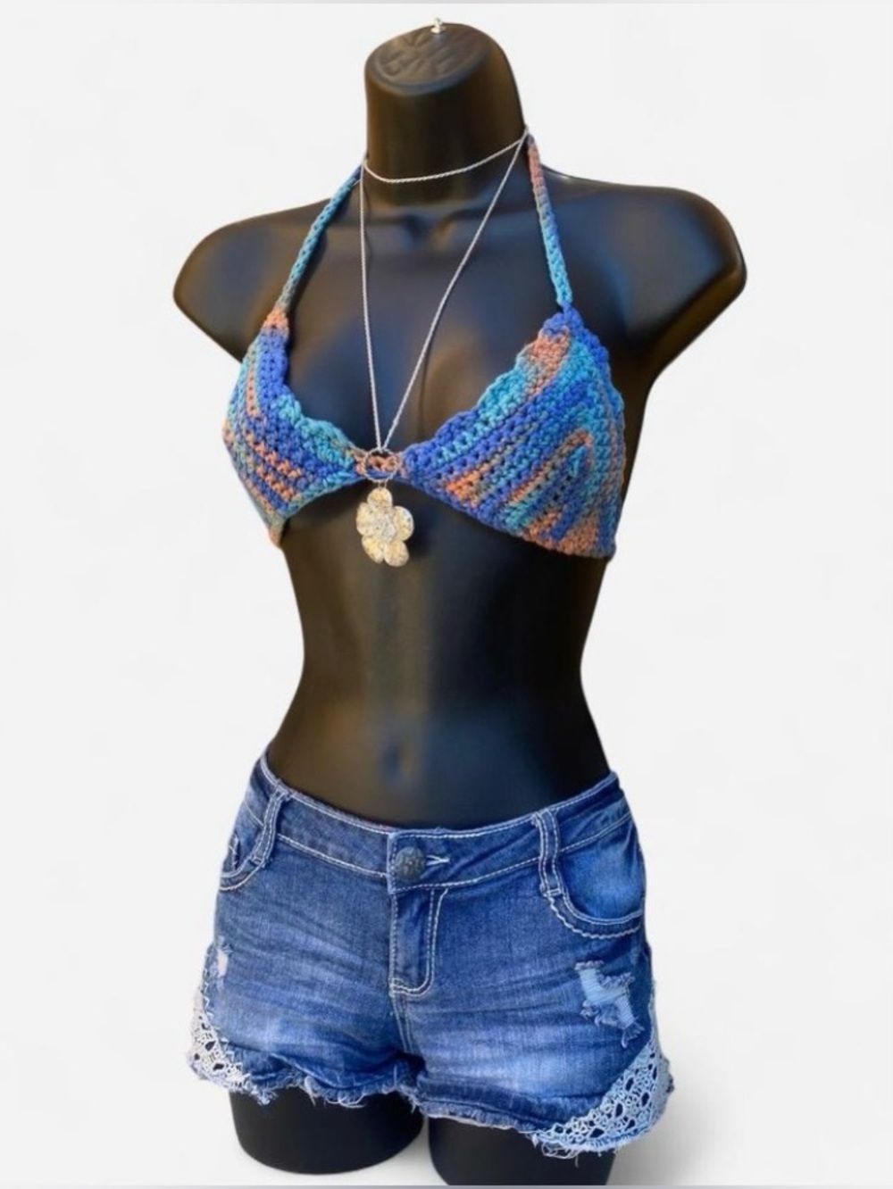 Vintage Handmade Teal, Blue & Orange Crochet Bikini Top